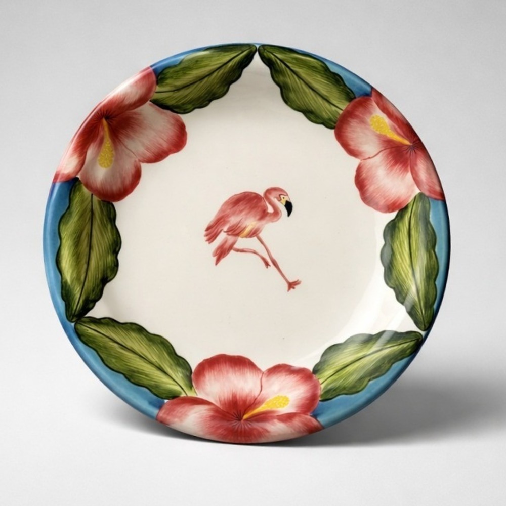 J. Willfred Leslie Sattler South Beach Flamingo Hibiscus Plates Set of 2 8.25" - Picture 3 of 5